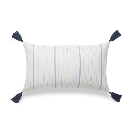Coastal Lumbar Outdoor Pillow Cover, Stripe Tassel, Sky Blue, 12" x20"