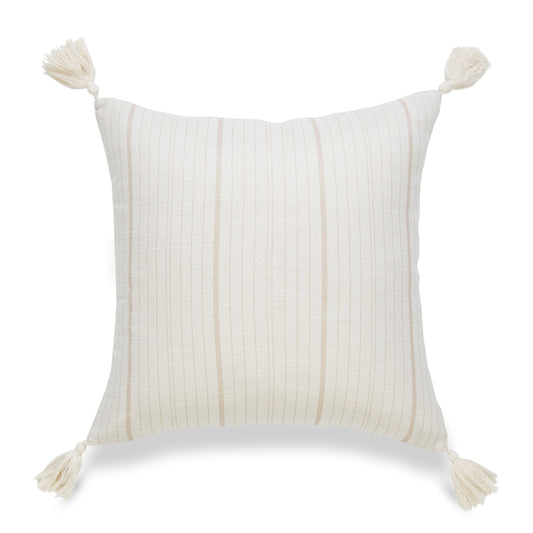 Coastal Outdoor Pillow Cover, Stripe Tassel, Camel Sand, 18" x18"