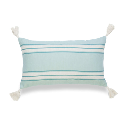 Coastal Lumbar Outdoor Pillow Cover, Stripe Tassel, Aqua Turquoise, 12" x20"