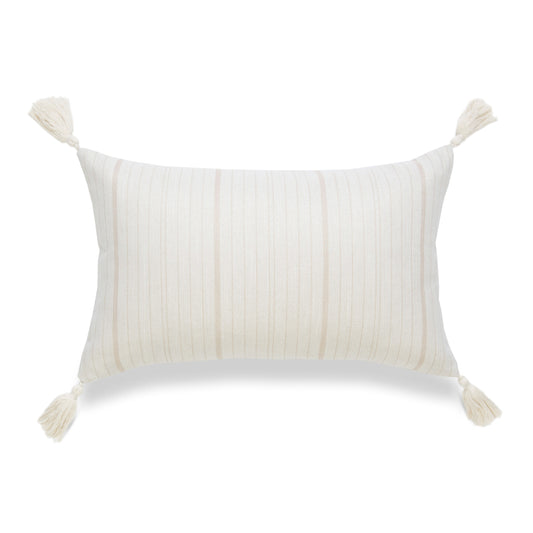 Coastal Lumbar Outdoor Pillow Cover, Stripe Tassel, Camel Sand, 12" x20"